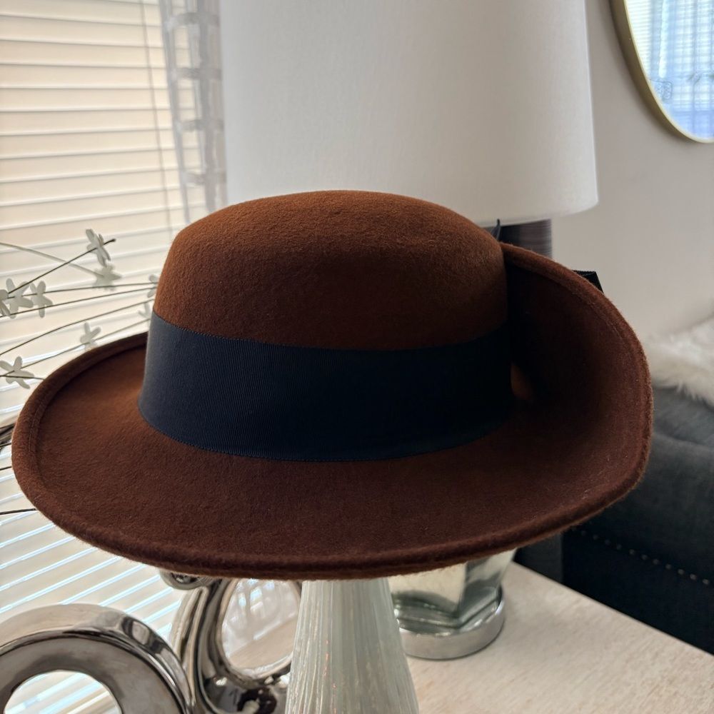 VTG Brown Wool Flip Back Black Bow Hat